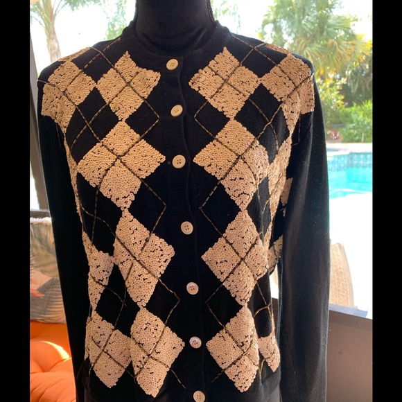 First Issue Sweaters - Black with white (Retro)diamond cardigan sweater M